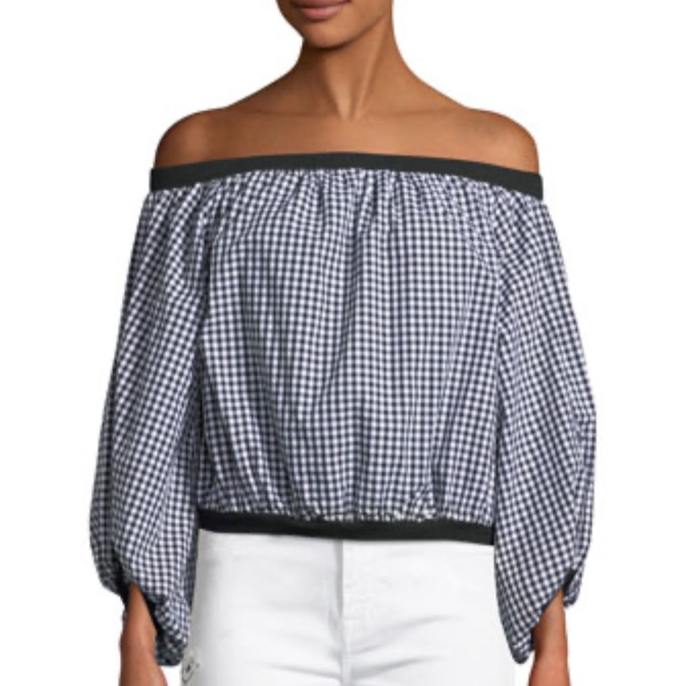 7 for all mankind Gingham off the shoulder blouson relaxed fit shirt